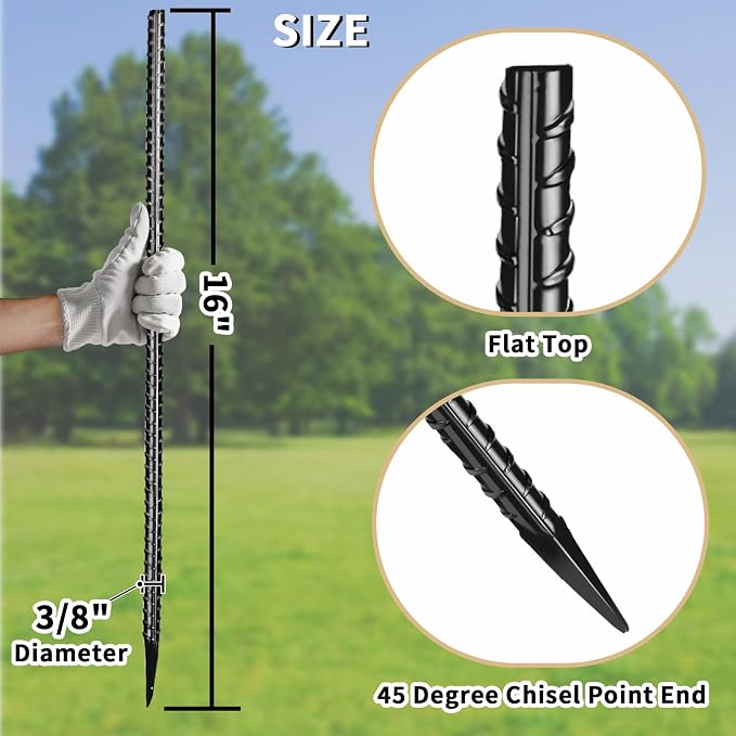 Homwin 16 inches Rebar Stakes 18-Pack Heavy Duty Ground Stakes Rebar Spikes Garden Stakes Metal Steel Stake for Concrete and Timber Straight Black
