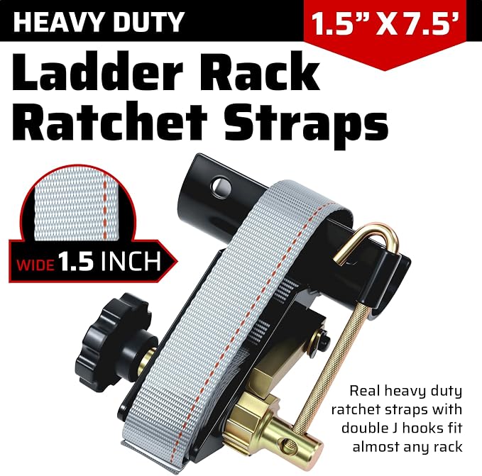 Rack Straps with J-Hook (4PK),1.5" x7.5' Ladder Rack Ratchet Straps, 2" Round Tube Mount, Perfect Ladder Rack Tie-Downs for Trailer Cargo Control