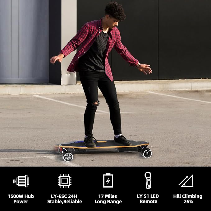 A1 Electric Skateboard with Remote, Rang Up to 17 Miles/24, 8 Ply Canadian Maple, Smooth Breaking, Suitable for Younger Beginners