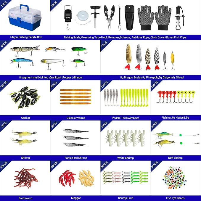 4-Layer Tackle Box with Accessories, 617PCS Fishing Lures Kit, Included Ruler, Gloves, Tools, Bait, Hooks & Accessories, Freshwater and Seawater Bass Trout Fishing Tackle Lure Kit Gifts for Men