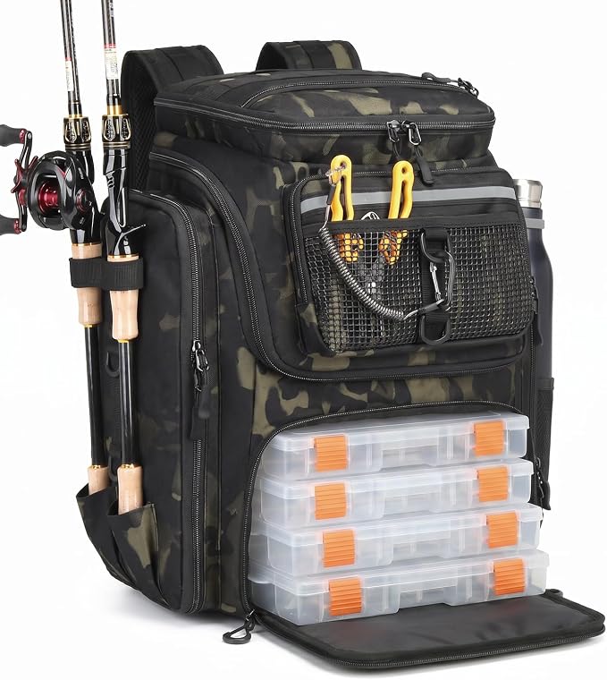 HAMBOLY Fishing Backpack 45L with Rod Holders, Water-Resistant Tackle Backpack for Fishermen, Large Capacity Fishing Gear Bag for Travel Hiking Camping