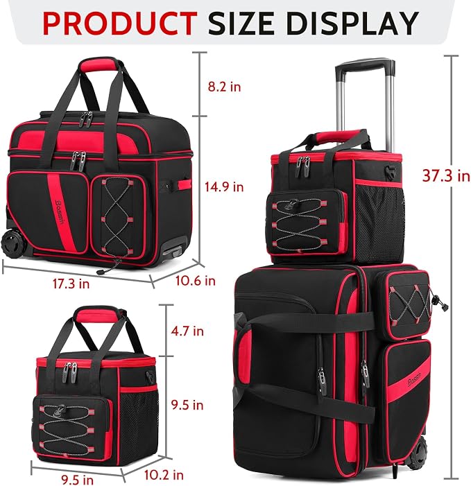BOSSTIN 3 Ball Bowling Bag with Wheels, 2 Ball Bowling Bags Double roller with 1 Ball Add On Bag, Multi-Pockets & Shoe Compartment (Fits Up to Size 15)