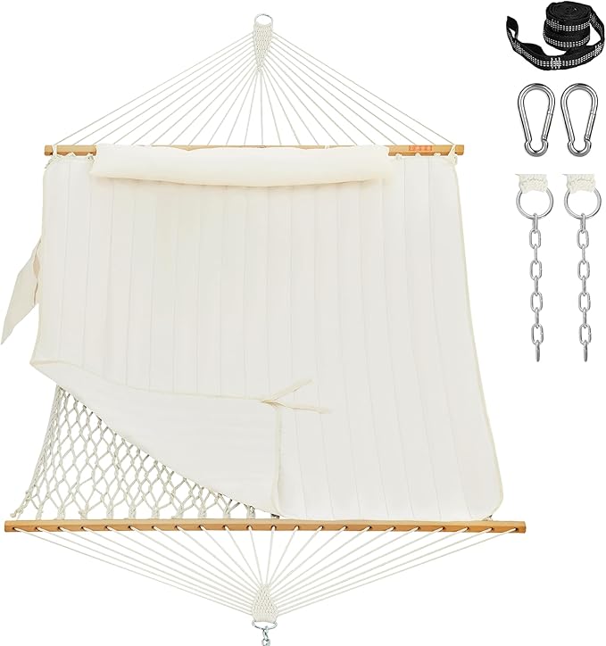 Lazy Daze Hammocks Rope Hammock with Pad, Spreader Bar, Carabiners, Tree Straps, Chains for Outside Patio- Max 450 Lbs, Cream
