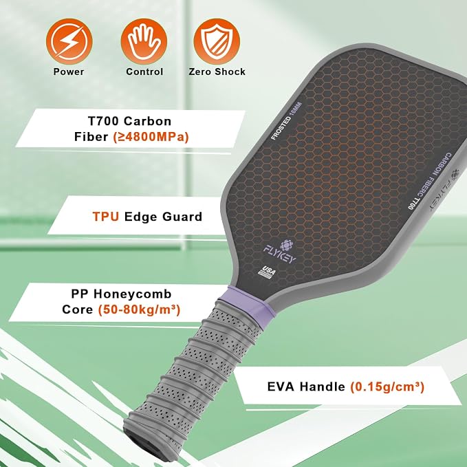 FLYKEY Pickleball Paddles, T700 Carbon Fiber Pickleball Paddle with a 16mm Shark Power Polymer Core, USAPA Approved Pickle Ball Paddle, Strong Spin and Power Surface,Strong Shock Absorption