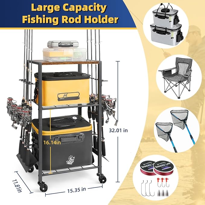 Olakee Fishing Rod Holders, Rolling Fishing Rod Rack for Garage & Boat, Tackle Box & Reel Holder Cart, Easy Assembly Fishing Gear Management System, Ideal Birthday Gift for Men Dad Anglers