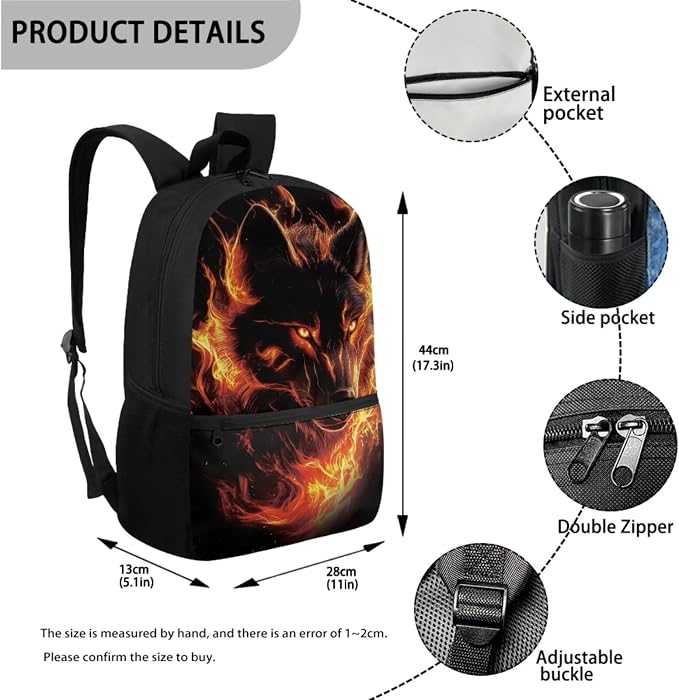 Fire Wolf School Bag Kids School Bag for Boys and Girls Backpack with Lunch Box Pencil Case Water Bottle Holder 4PCS School Accessories