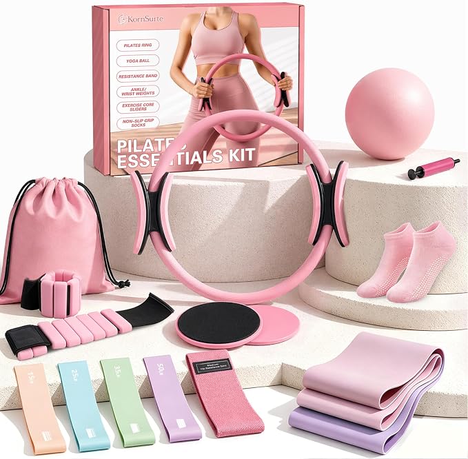 kornsurte Pilates Kit, 19PCS Pilates Equipment for Women, Pilates Ring and Ball Set, Resistance Bands, Ankle Weights, Pilates Starter Set for Home Workout, Core Strength & Flexibility