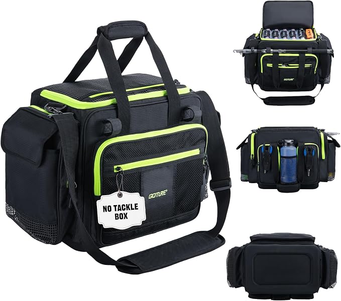 Goture Large Tackle Bag,600D Water Resistant Saltwater Fishing Gear Bag with IPX5 EVA Bottom,SBS Zippers,Store Up to 6PCS 3700 Plus 3PCS 3600 Tackle Trays(Not Included),Fishing Gifts for Men-Black