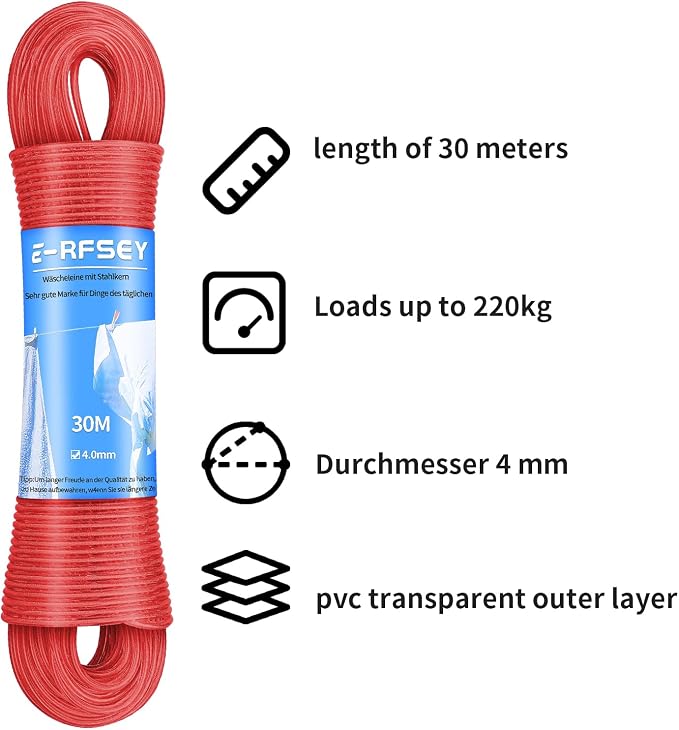 30M Steel Core Outdoor Washing Line Heavy Duty Super Washing Line Load 220kg Rust Proof Waterproof Garden Washing Line (Diameter 4mm, Red)