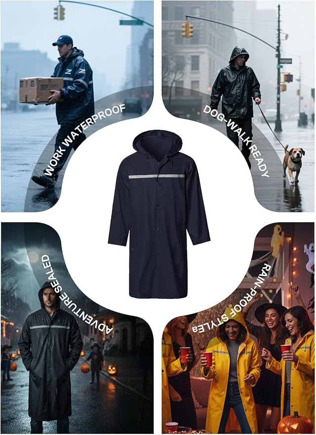 Mens Long Hooded Safety Rain Jacket Waterproof Emergency Raincoat Poncho