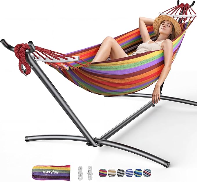 EveryFun Double Hammock with Heavy-Duty Steel Stand,Portable,Easy Assembly,600lbs Weight Capacity,Suit for Indoor,Yard,Camping,or Outdoor