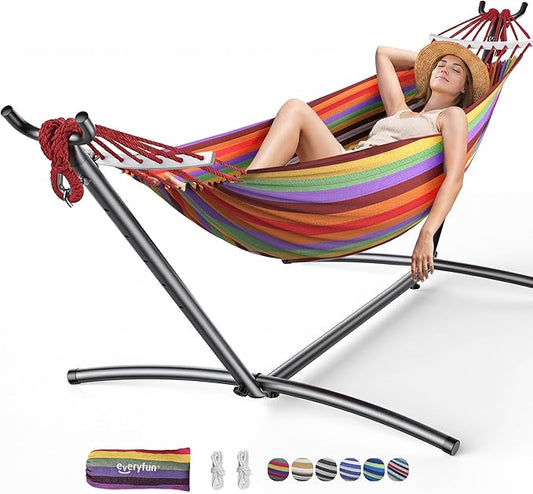 EveryFun Double Hammock with Heavy-Duty Steel Stand,Portable,Easy Assembly,600lbs Weight Capacity,Suit for Indoor,Yard,Camping,or Outdoor