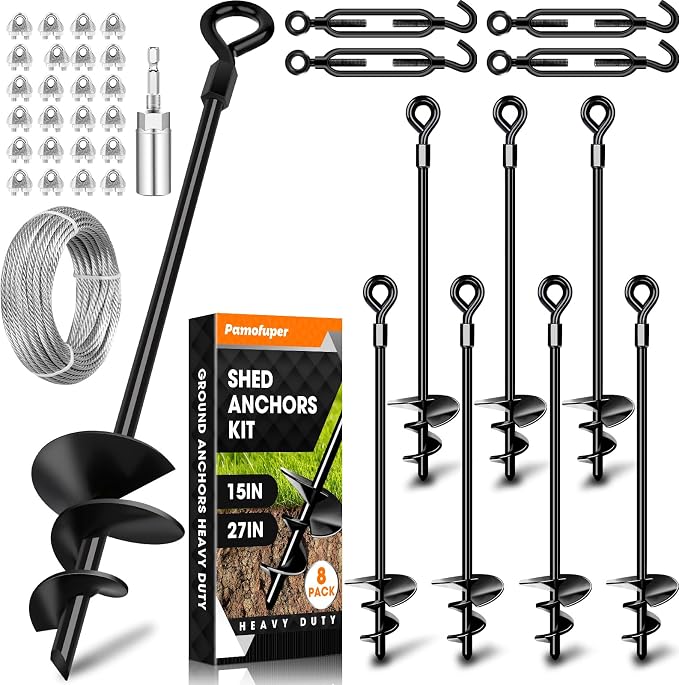 15in 8 Pack Ground Anchors with 1/8" Galvanized Cable Shed Anchor Kit, Trampoline Stakes Anchors High Wind – Ideal for Canopies, Sheds, Car Ports, Swing Sets Gazebo Greenhouse (15 in of 8 Pcs)