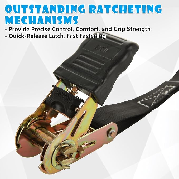 4pc 1in Ratchet Straps - Heavy Duty 20ft Tie Downs with Hooks, Black Ratcheting Straps for Motorcycle & Trucks - 2645 LBS Strength