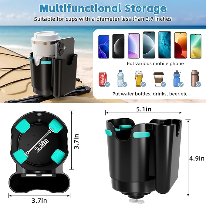 2-in-1 Kayak Cup Holder, Upgraded Anti-Tipping Drink & Phone Holder with 4 Built-in Silicone Pad, Kayak Rail Track Mount Install, Kayaks Boats Fishing Accessories (Black)