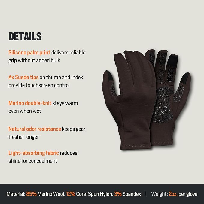 First Lite Rugged Wool Fleece Glove | Merino Wool Hunting Gloves for Men | Silicone Grip Palm with Touchscreen Compatible Fingertips