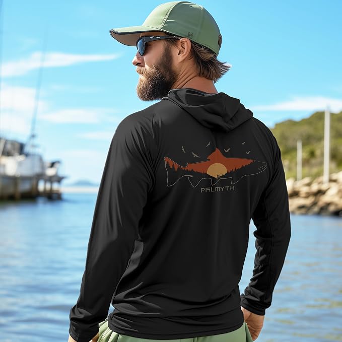 Palmyth Fishing Hoodie for Men Long Sleeve Sun Protection UV UPF 50+ Shirts | Hidden Zipper Pocket, Thumb Loops, Quick-Dry, Side Mesh Panels, Lens Cleaning Cloth, 4-Way Stretch