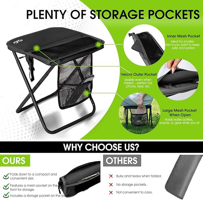 CAMDOOR Adult Portable Collapsible Stool with 3 Side Pockets and Shoulder Strap, Extra Large Folding Camping Stool Supports 400 lbs, Ultralight Portable Seat for Camping, Hiking, Fishing