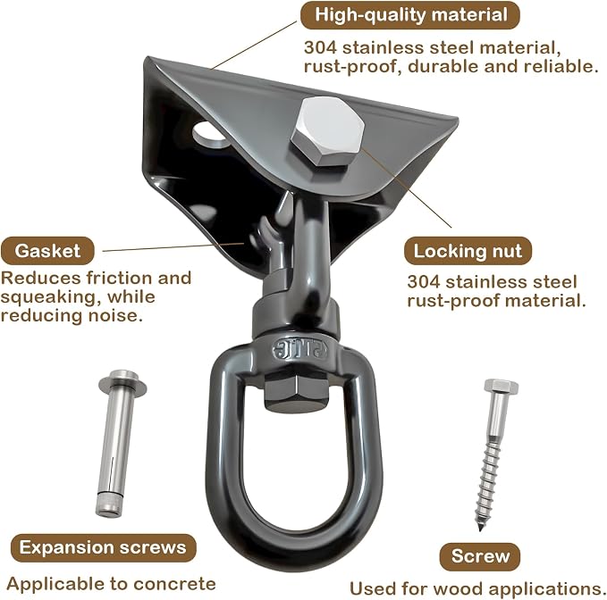 1200 Lb 360° Rotating Heavy Duty Swing Hanger Hardware Kit | Supports porch swing, hammock, swing chair, punching bag, yoga & playground swing indoor & outdoor installation