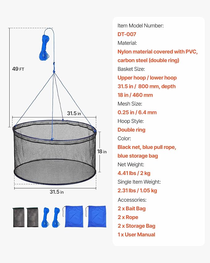VEVOR Foldable Fishing Net, Landing Fishing Pier Nets, Portable Drop Net for Pulling up Fish, Durable and Fish-Friendly, with Rope and Storage Bag, for Minnows, Crawfish, Shrimp, Crab