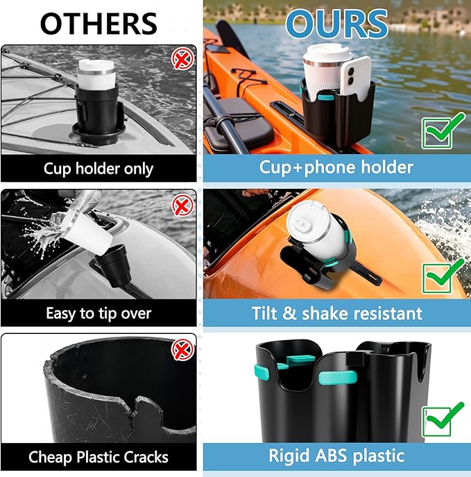 2-in-1 Kayak Cup Holder, Upgraded Anti-Tipping Drink & Phone Holder with 4 Built-in Silicone Pad, Kayak Rail Track Mount Install, Kayaks Boats Fishing Accessories (Black)