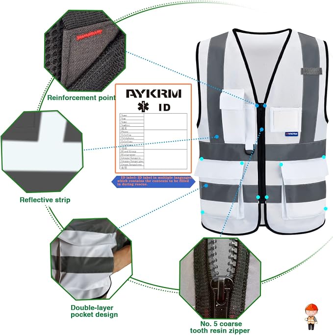 A-SAFETY 6XL-8XL,Hi Reflective Safety Vest,Hi Vis Bright Neon Colors Safety Vest with 4 Reflective Strips 7 Pockets(White)