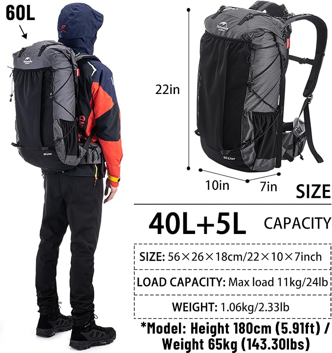 Naturehike Rock 40+5L Internal Frame Hiking Backpack for Adults, Camping Travel Backpacking Waterproof Bag with Rain Cover, Ultralight Outdoor Daypack