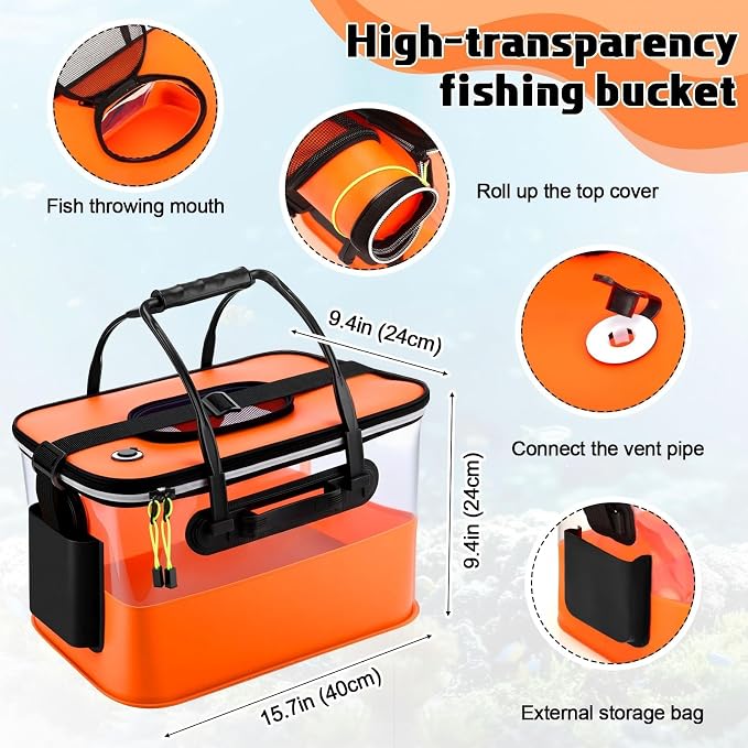3 Pcs Fishing Bucket, Live Bait Aerator and Fishing Cast Net with Heavy Duty Sinker Foldable Live Bait Bucket Portable Quiet Aerator Fish Transport Container Outdoor EVA Bag
