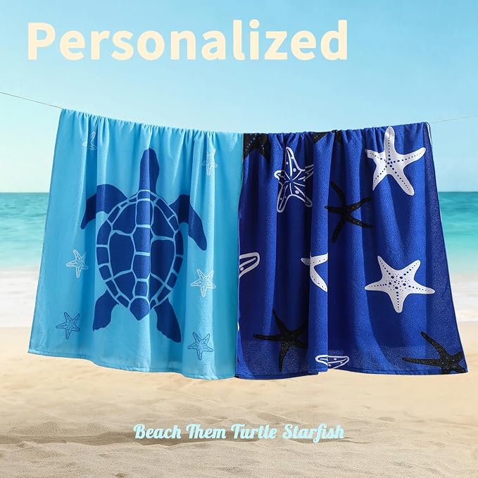Belista Oversized Beach Towels 4 Pack,40”x70” Microfiber Thin Large Beach Towel Set for Adults Travel Camping Swimming,Turtle Starfish Them Sand Free Quick Dry Lightweight XL Pool Towels -Navy & Blue