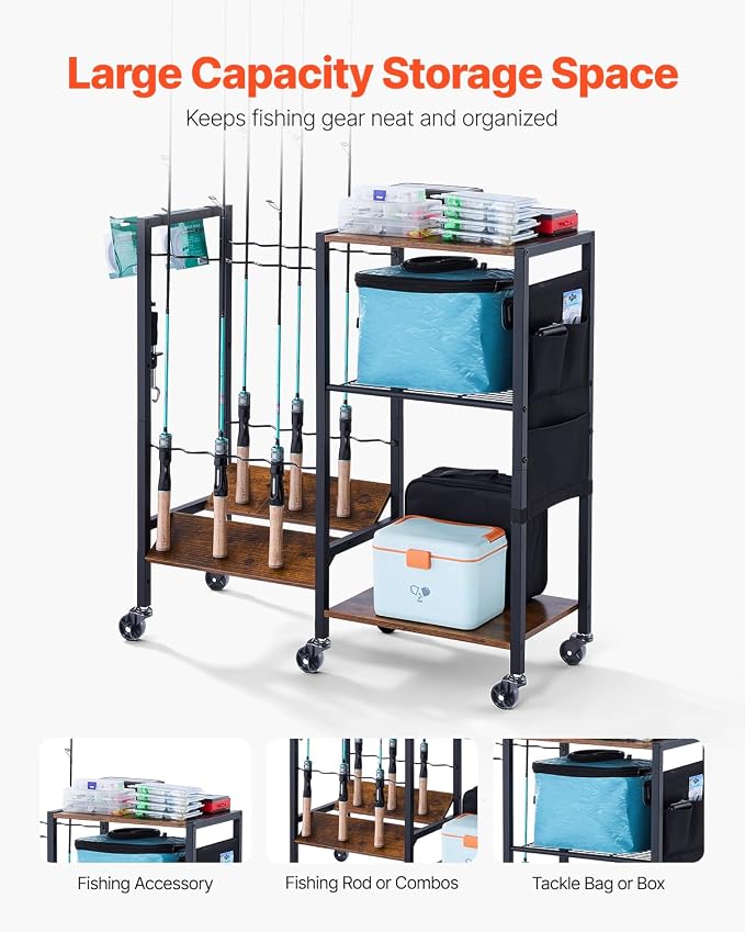 VEVOR Fishing Rod Holder for 12-Rods, Mobile Fishing Pole Rack Cart with Wheels, Fish Gear Equipment Organizer for Garage Home Indoor Use, for Tackle Box Reel Accessories Storage, Gifts for Men