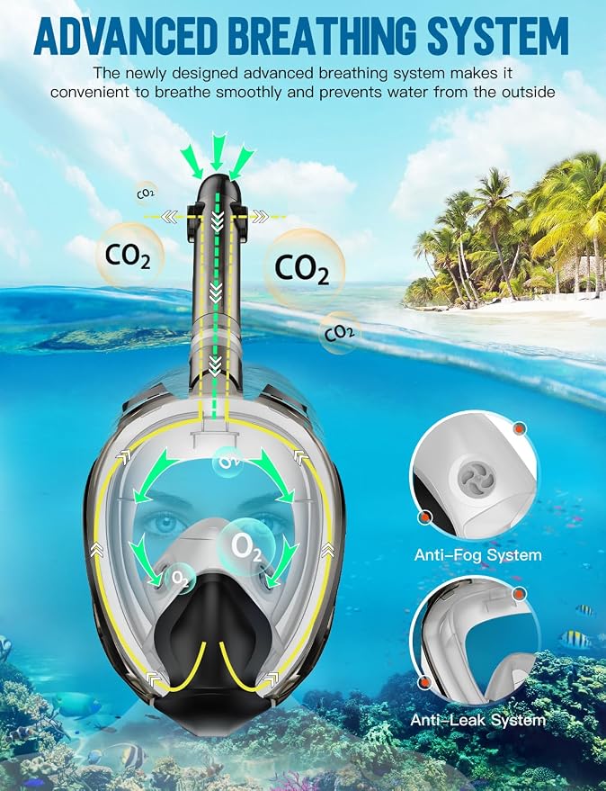 Full Face Snorkel Mask for Adults, 180° Panoramic Anti-Fog Snorkeling Gear with Dry Top System & Camera Mount, Foldable Anti-Leak Design for Travel, Swimming & Ocean Snorkeling