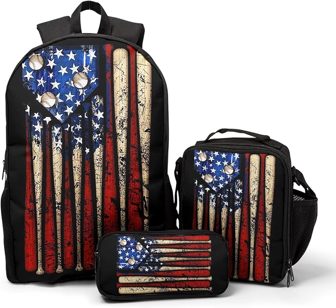 Giwawa American Flag Baseball School Backpack Set Lightweight Teen Girls Women Kids School Bags College Bookbag with Lunch Bag
