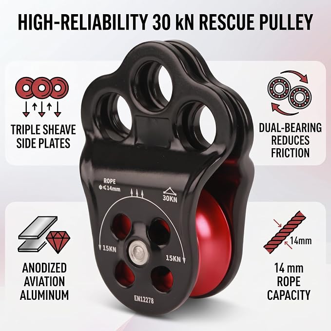 Climbing Pulley, 30KN Hitch Climber Pulley Equipment Dual Bearing for Rigging Hauling Arborist Tree Climbing