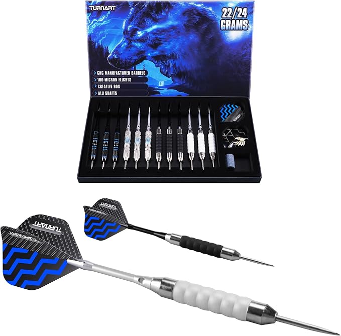 Turnart Darts Metal Tip Set - Steel Tip Darts Darts Set Professional Metal Darts 12 pcs 22/24 Grams Pro Dart Set with Stylish Case Aluminum Shafts Extra 9 Flights