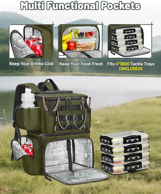 MATEIN Fishing Backpack with 4 Tackle Boxes, Fishing Bag with Rod Holder | 3600 Tackle Box 4 Pack, Water Resistant Tackle Backpack with Cooler Compartment, Safety Compass, Gifts for Fishermen