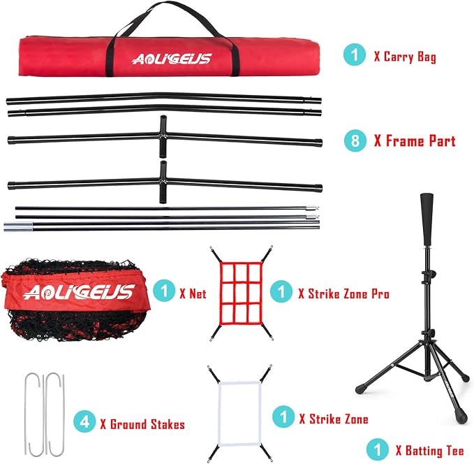 7'X7' Baseball Softball Practice Net,Pitching Net,Batting Net,with Baseball Tee,Bonus Strike Zone and Bow Frame,for Hitting,Pitching, Catching