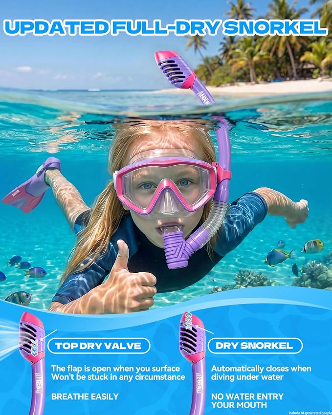 Aegend Snorkeling Gear for Kids Youth – 4-in-1 Snorkel Set with Anti-Fog Mask, Dry Snorkel & Adjustable Fins for Swimming, Diving, Snorkeling, Beach Vacation – Includes Travel Mesh Bag