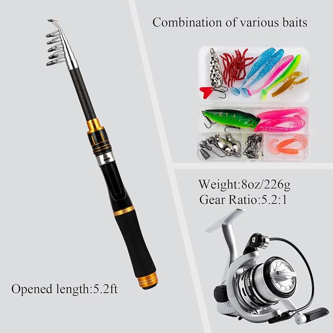 Telescopic Fishing Rod and Reel Combo, Complete Fishing Kit with Lures Tackle Box, Freshwater Saltwater Spinning Rod for Bass Trout Fishing Pole Beginner (5.2ft)