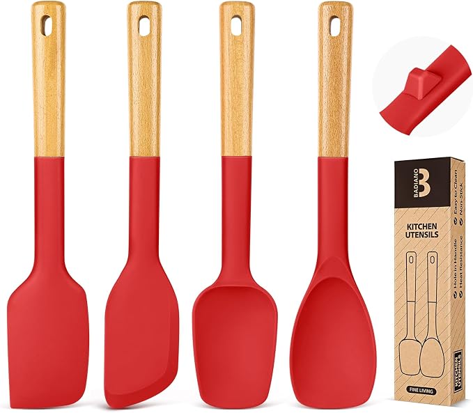 Silicone Spatula Spoon Set, Great for Mixing, Folding, Scraping, and Spreading, Sturdy BPA-Free Matte Silicone, Wooden Handle Rubber Spoonula for Nonstick Cookwares,4 Pack (RED)