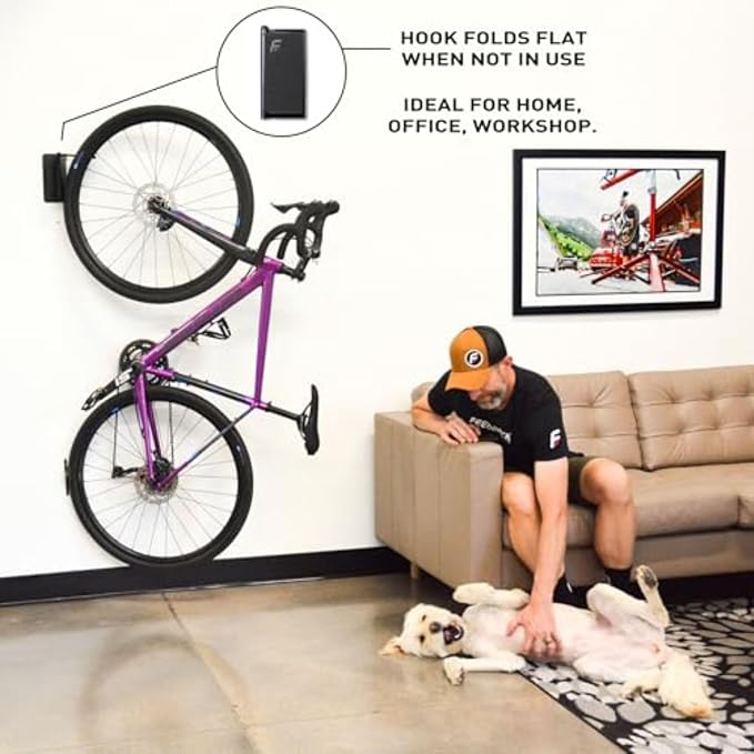 Feedback Sports | Velo Hinge 2.0 (2 Pack) Pivoting Swivel Bike Wall Mount | Vertical Bicycle Hanger | Garage Fold Away Bike Hook | Road, Gravel, Mountain Bike Compatible