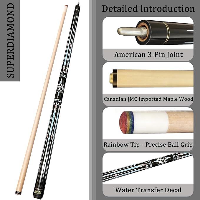 SUPERDIAMOND Pool Cue Stick Set Billiard Cue Sticks with Hard Case, 2-Pieces 58" Pool Table Sticks, 12.5 mm Tip Pool Queue,Pool Stick Set for Home Recreation, Billiards Clubs, Training