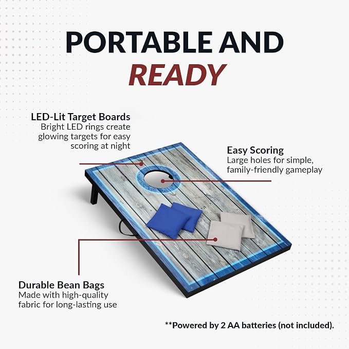 Hathaway Atlantic LED Cornhole Board Set – Includes 8 Rip-Resistant Bean Toss Bags & 2 Target Boards with Built-in Cornhole Lights & Nylon Carrying Bag for Portability – Blue/White