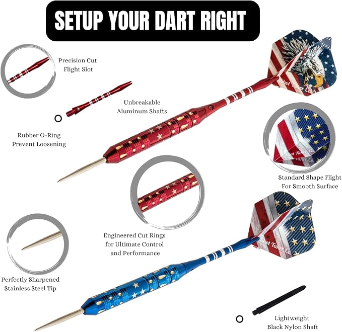 Steel Tip Darts Set - Professional Darts Steel Tip for Dartboard - Includes Brass Barrels + Plastic & Aluminum Shafts + Rubber O'Rings + Flights + Darts Sharpener + Wrench