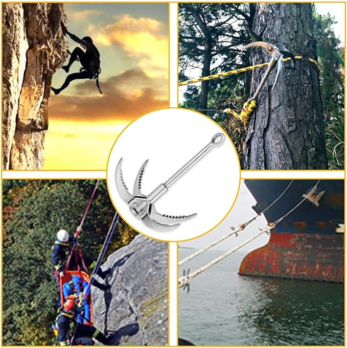 Folding Claw Hook, Stainless Steel Grappling Hook for Outdoor Camping, Hiking, Tree Rock Mountain Climbing, 4 Claws