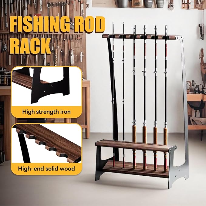 Fishing Rod Holder for 6 Rods, Fishing Pole Holder for Garage Organization and Storage, for Fishing Reels, Bamboo Material and Walnut Wood (Walnut)