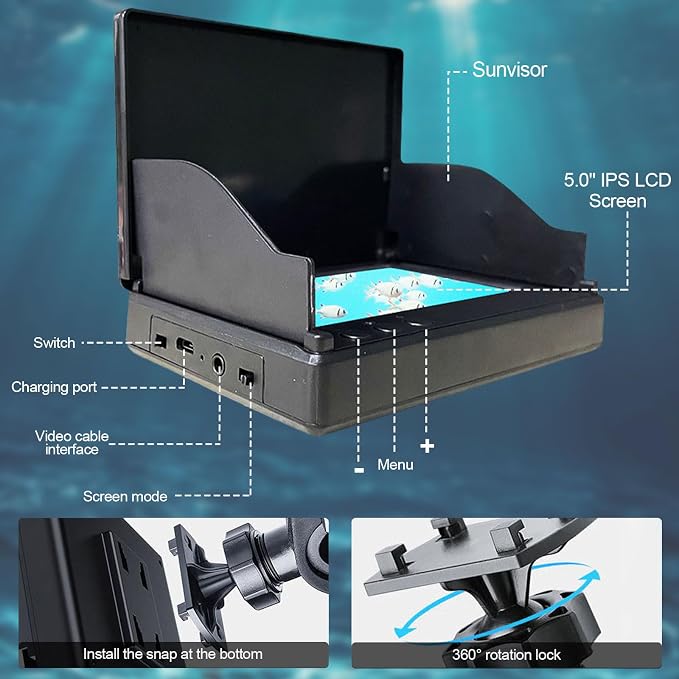 5 Inch Underwater Fishing Camera,1080P Underwater Fish Viewer with Night Vision,220° Wide Angle,8000mAh Battery,98ft Cable,Ice Fishing Camera for Lake Sea Boat Fishing