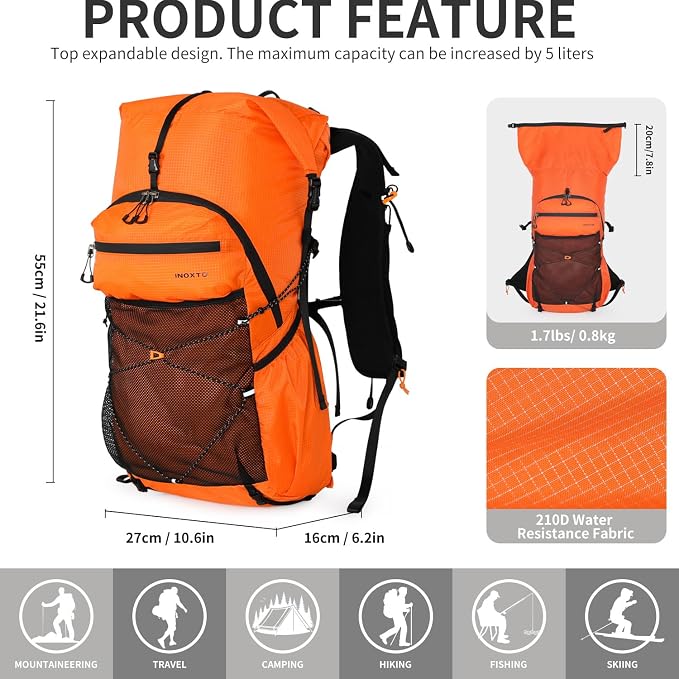 IX INOXTO Hiking Backpack for Men and Women, 30L Waterproof Camping Backpack with 3L Water Bladder and Rain Cover, Lightweight Outdoor Sport Travel Daypack Rucksack for Climbing Cycling (Orange)