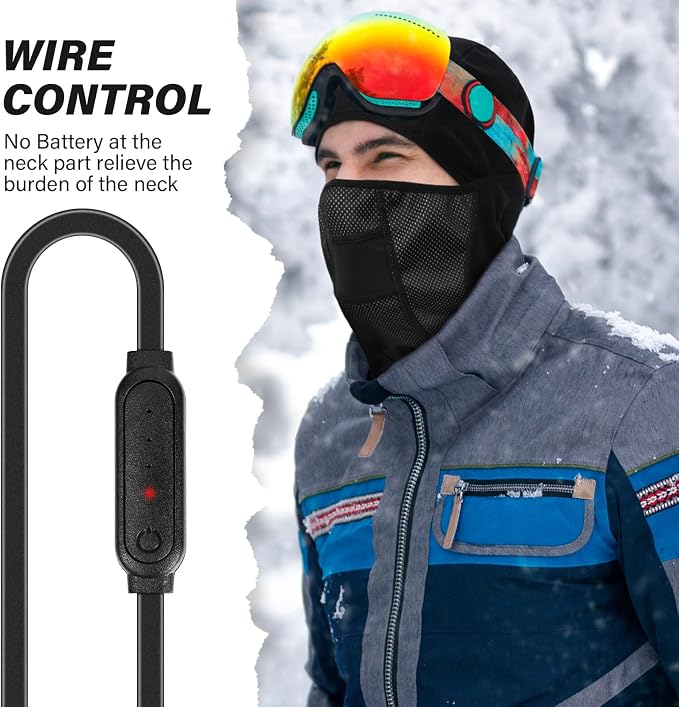 Heated Balaclava Women Men, Fleece Ski Mask Balaclava Winter Shiesty Mask Wire Control for Football Motorcycle Hunting Cycling Snowboarding Black (No Battery)