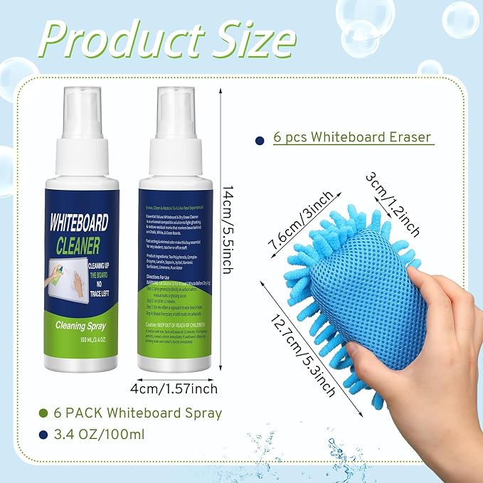 Fuyoooo 6 Pack Whiteboard Cleaner 3.4 Fl oz White Board Cleaning Spray Dry Erase Board Cleaner with Microfiber Shag Whiteboard Eraser Removes Stubborn Marks from Chalkboard(Colorful)