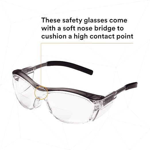3M Safety Glasses with Readers, Nuvo Protective Eyewear, +2.5, ANSI Z87, Gray Frame, Clear Lens, Soft Nose Bridge, Side Shields